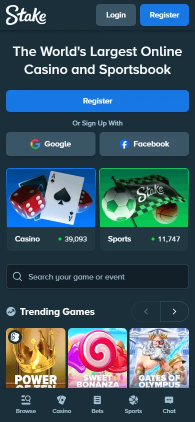 Stake Casino mobile home interface with casino and sportsbook access