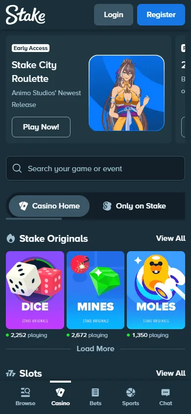 Stake Casino mobile games interface with casino categories