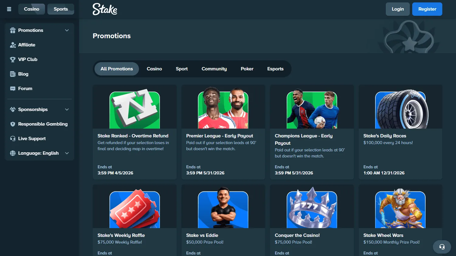 Stake Casino desktop promotions area with bonus and tournament offers