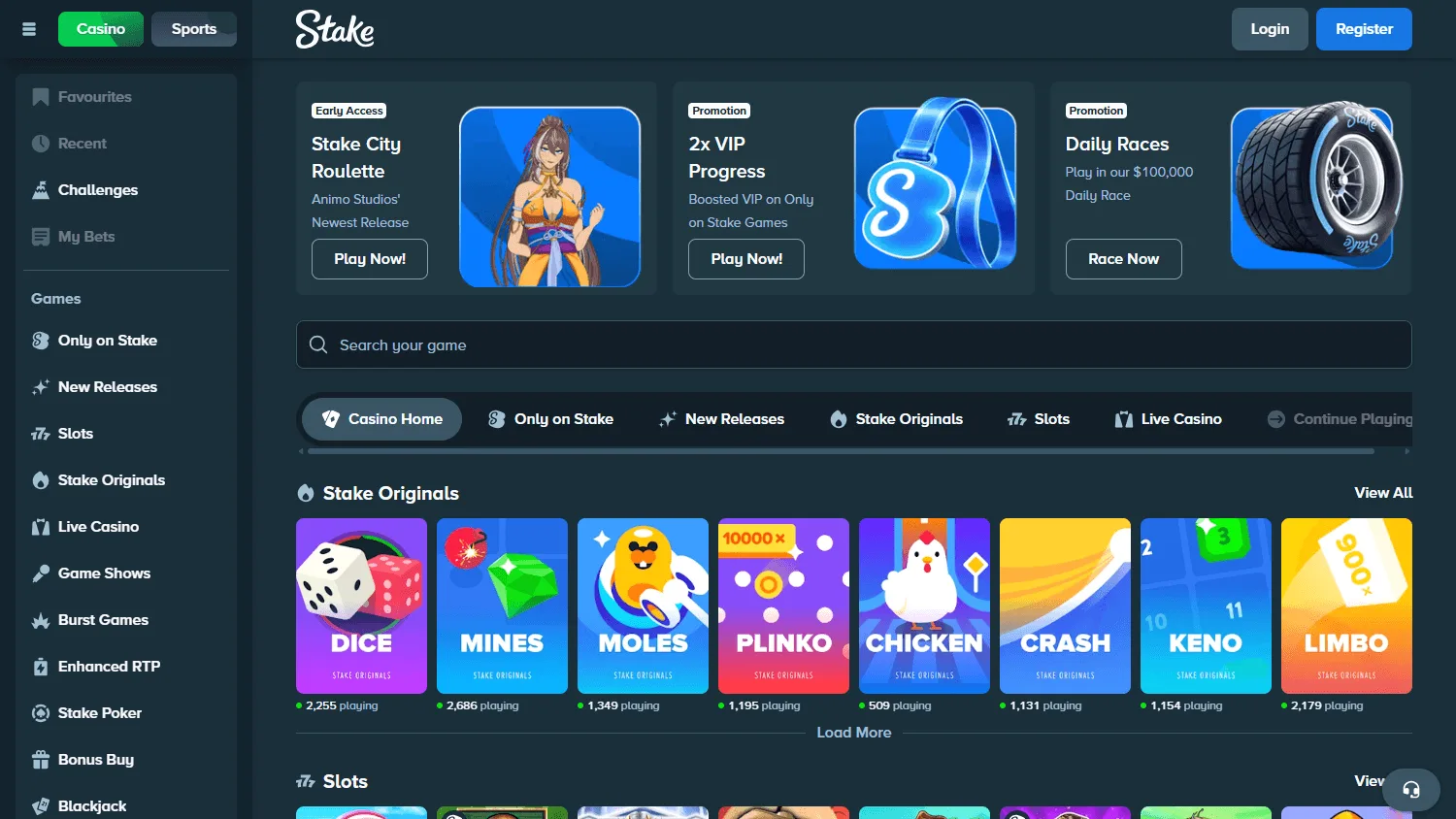 Stake Casino desktop games interface with casino categories