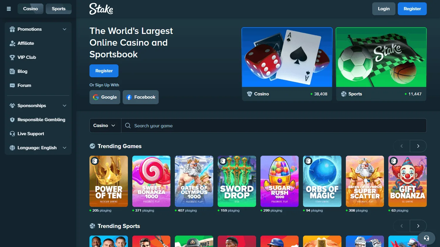 Stake Casino desktop home interface with casino and sportsbook access
